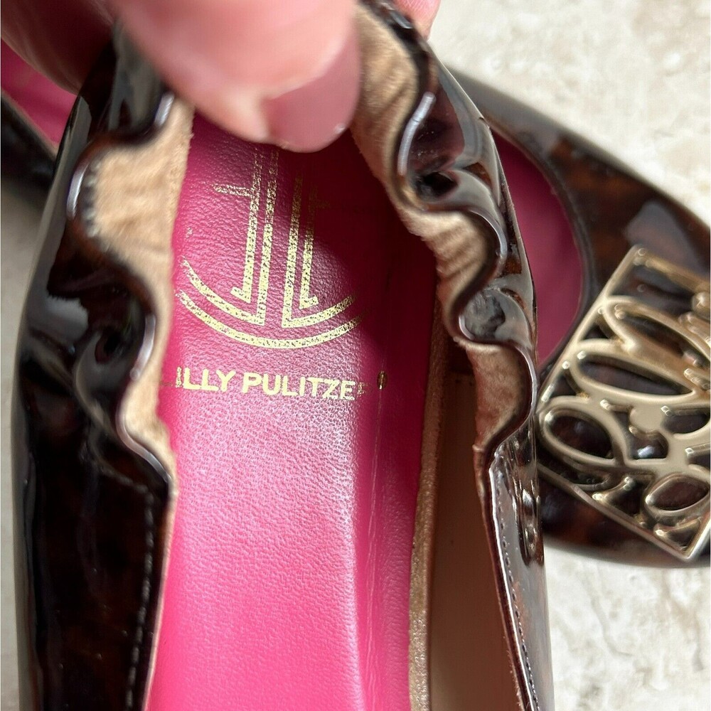Lilly Pulitzer Logo Ballet Flats 8.5 Shoes Brown Shiny Leather Tortoise Pattern - Picture 8 of 10